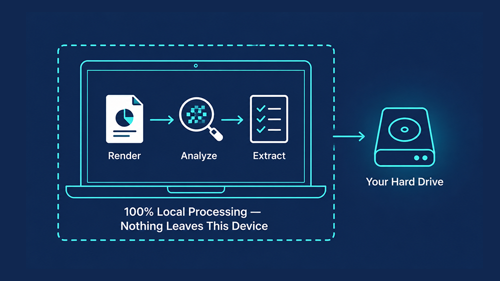 100% Local Processing — render, analyze, and extract all happen on your device